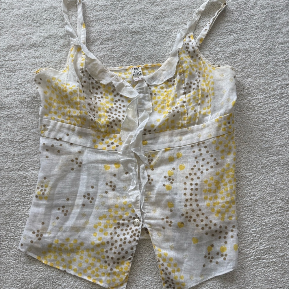 Free People Vintage Linen Cotton Ruffle Button Front Tank Top Yellow White Sz 8